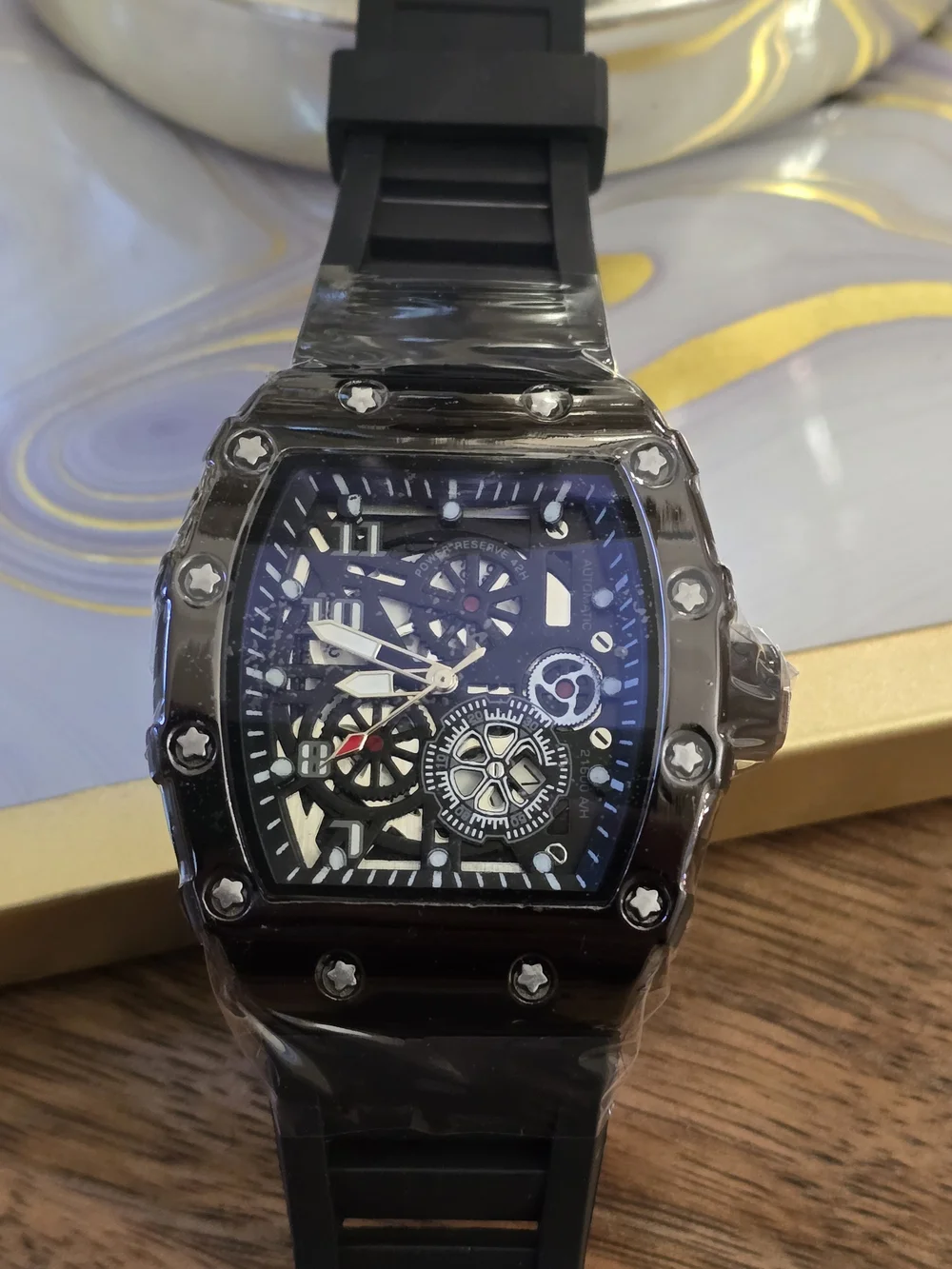 Men's Black Skeleton Dial Sport Watch with Rubber Strap